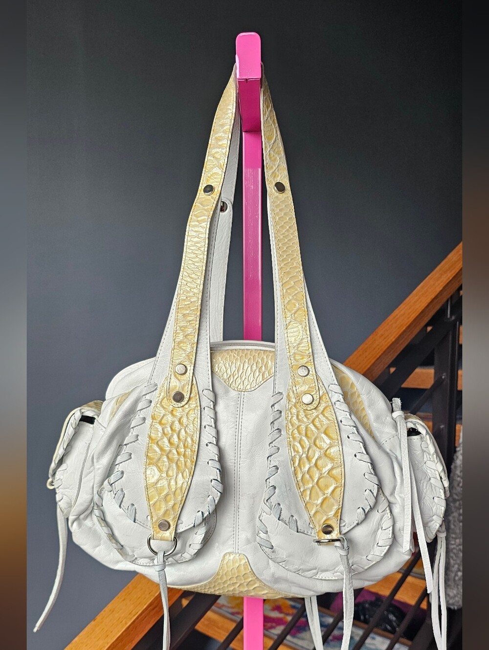 Pietro Alessandro Leather Boho Satchel White Yellow Reptile Embossed Fringe
